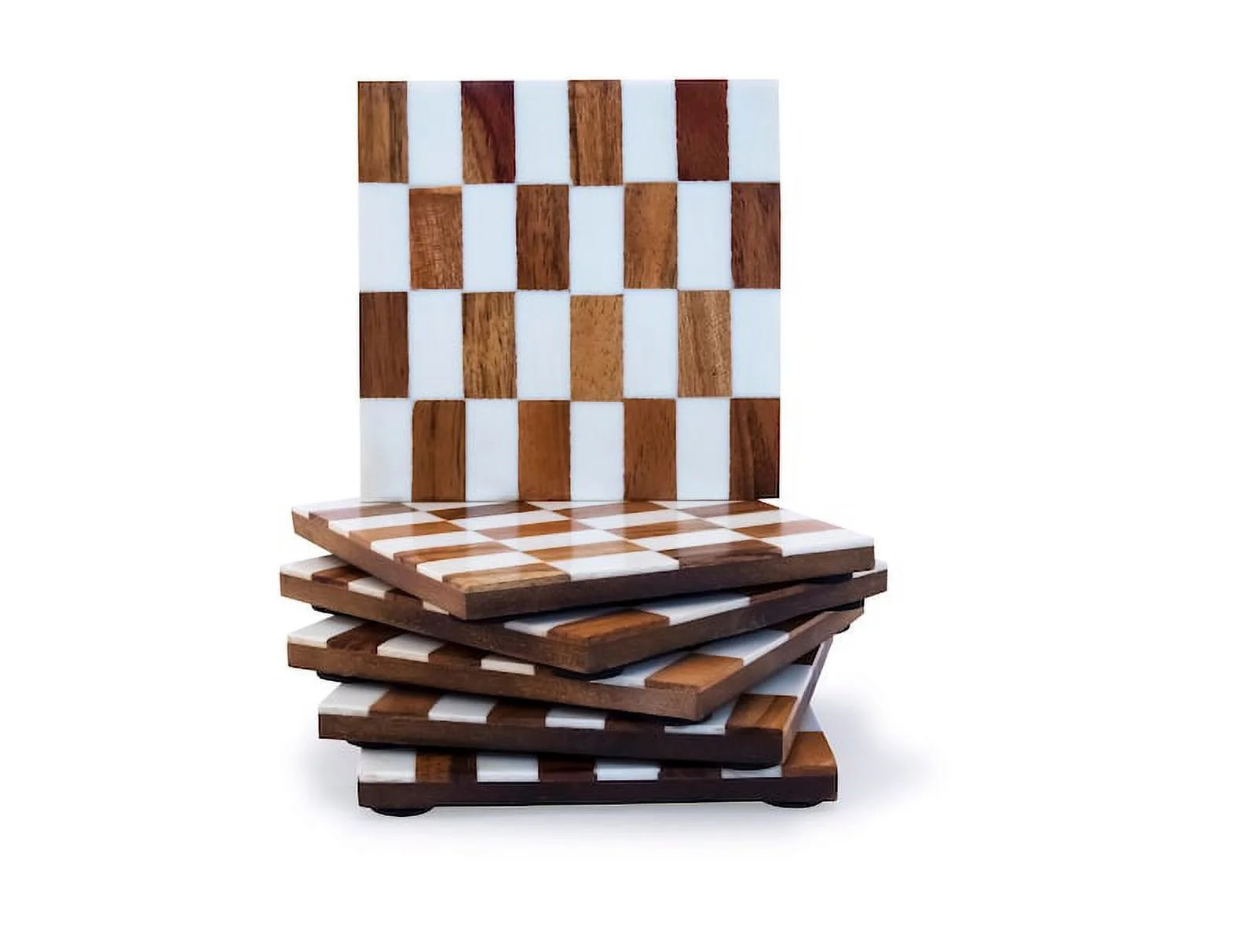 Mascot Hardware Beautiful Square Checkered Off White Resin and Brown Wooden Coaster - Set of 6 - ... | Walmart (US)