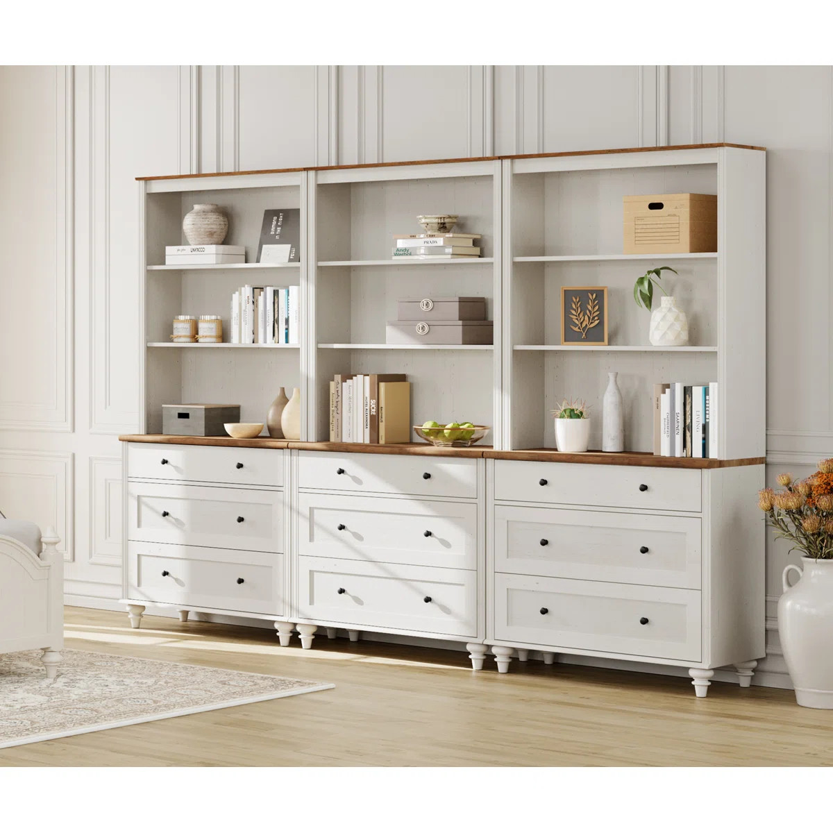 Scarlett Flesh-Colored Bookcase With 3 Drawers Set Of 3, Tall Book Case With 3-Tier Open Book She... | Wayfair North America