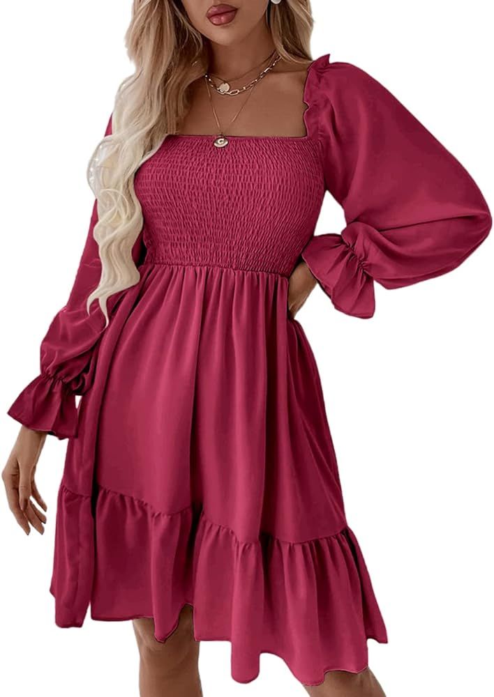 Pasgreson Women's Square Neck Long Puff Sleeve Dress A Line Flowy Short Mini Dress | Amazon (US)