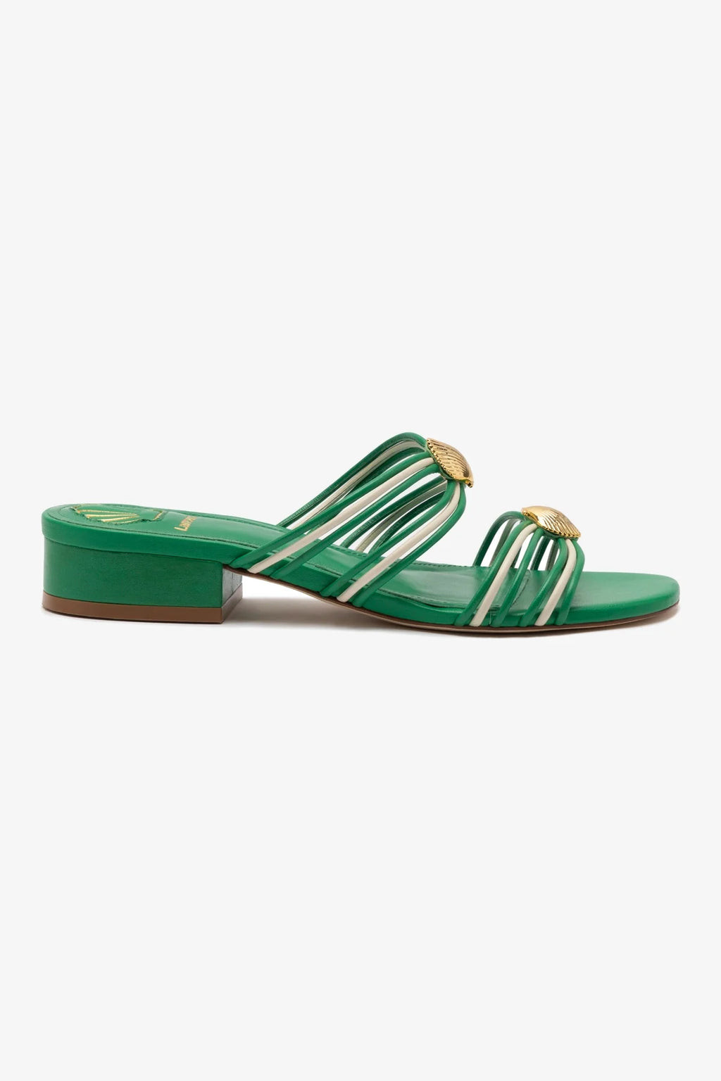 Shelly Flat Mule In Evergreen and Ivory Leather | Larroude