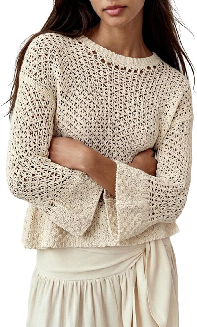 Women Crochet Sweater Ruffle Trim Knit Pullover Round Neck Long Sleeve Tops Casual Boho Chic Blou... | Amazon (US)