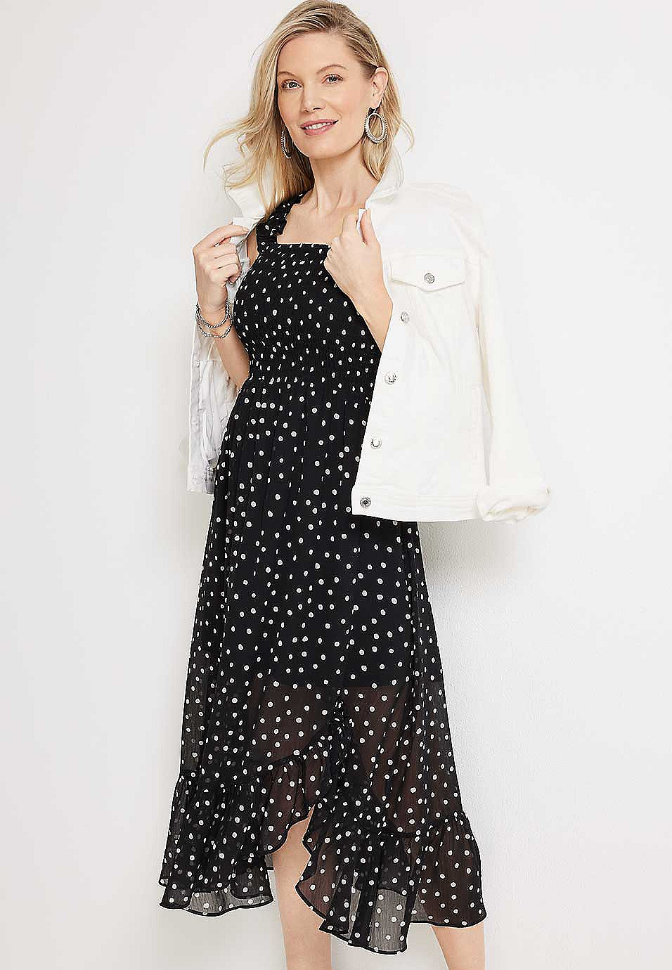 Aster Polka Dot Off The Shoulder Midi Dress | Maurices
