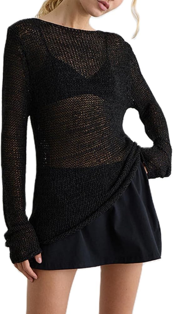 Womens Sheer Mesh Long Sleeve Shirts Lightweight Knit Pullover Sweaters Casual Sheer Blouse Tops | Amazon (US)