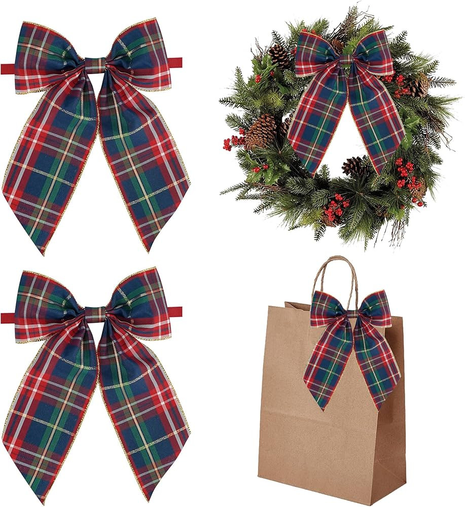 AIMUDI Christmas Bows for Gift Wrapping 6×9'' Navy Blue and Gold Plaid Bows for Christmas Tree W... | Amazon (US)
