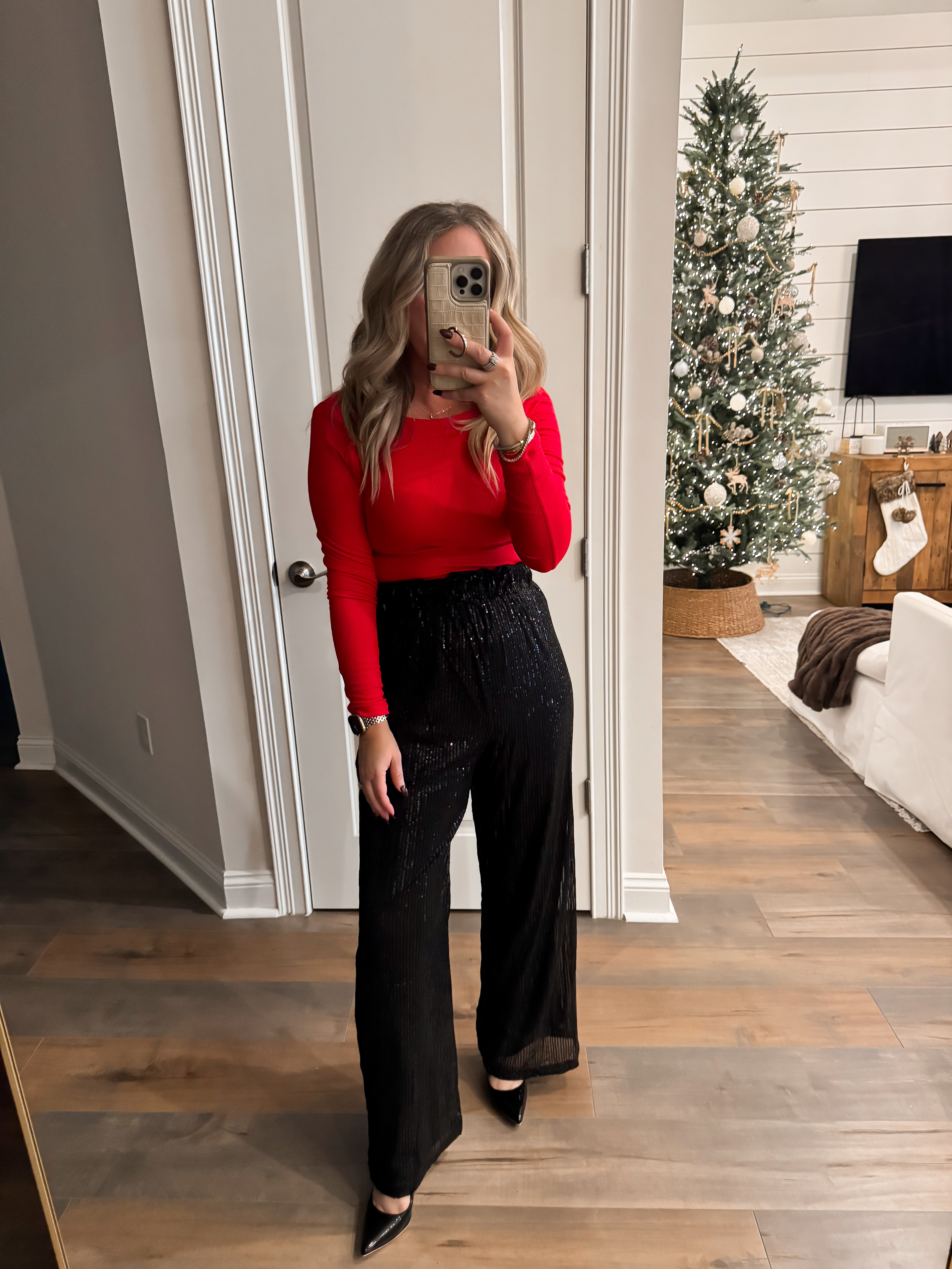 Amazon holiday outfit inspo ✨ Christmas, holiday party, event look, winter fashion, affordable women's fashion finds, sequin pants, red top, work party, festive outfit, Amazon fashion. Wearing a S in top and M in pants. 

 #LTKHoliday #LTKootd #LTKFindsUnder50