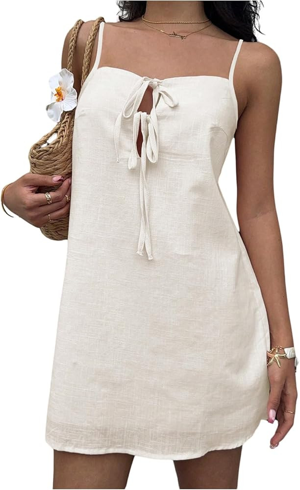 Floerns Women's Summer Tie Front Cami Dress Spaghetti Strap Vacation Mini Dresses | Amazon (US)