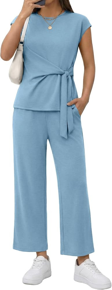 Casly Lamiit Two Piece Sets for Women Summer Outfits Cap Sleeve Belted Crop Top Wide Leg Pants Ma... | Amazon (US)
