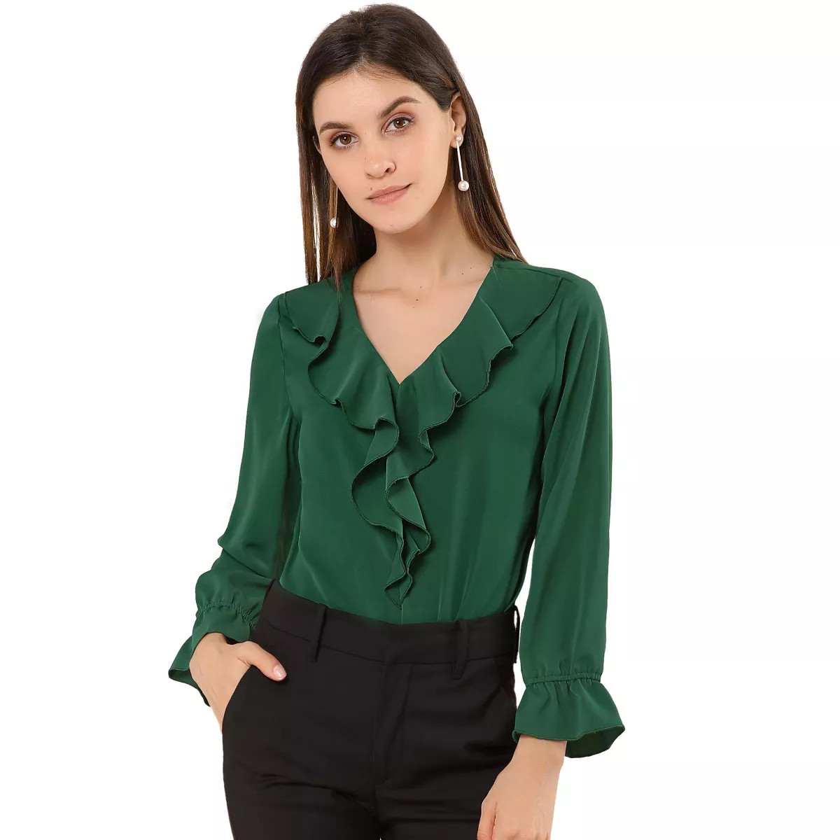INSPIRE CHIC Women's Office Work Ruffle V Neck Long Sleeve Chiffon Peasant Blouse Medium Green | Target