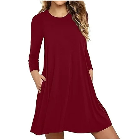 Ziloco Fashion Women Sexy Casual Solid Dress O-Neck Long Sleeve Loose Mini Dress fancy dresses Red X | Walmart (US)