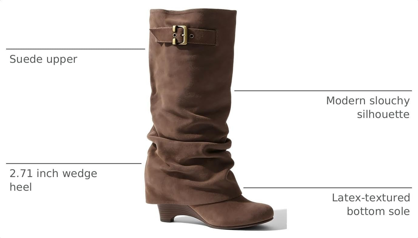Slouchy Wedge Suede Boots Fold Over Knee High Pull On High Heels | Amazon (US)