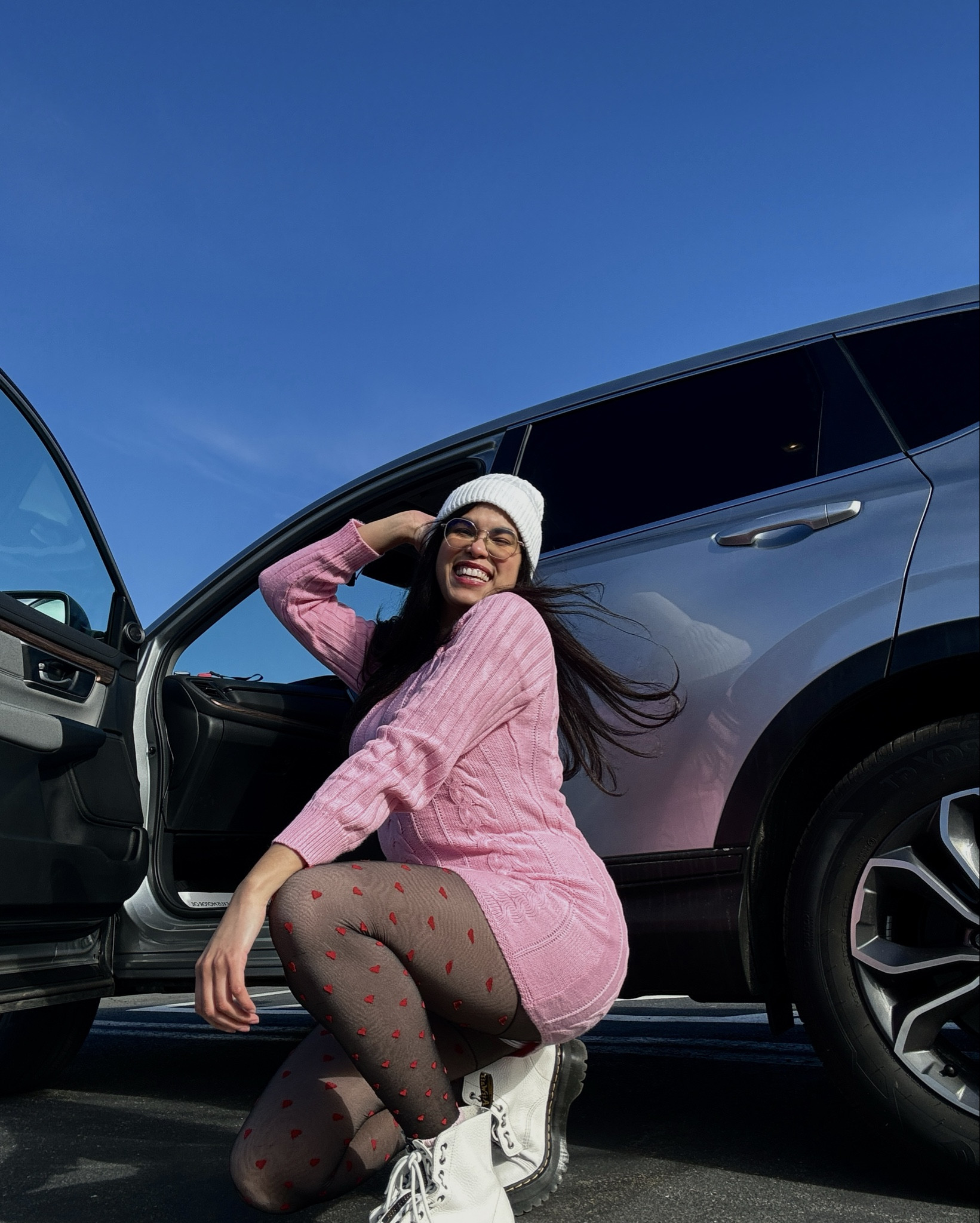 Roses are red, violets are blue, wasn't feeling this look, but let's see if you do 🩷 | Pink dress, heart tights, white boots, white beanie, Valentine’s Day outfit 

#LTKFindsUnder50 #LTKFindsUnder100 #LTKSeasonal