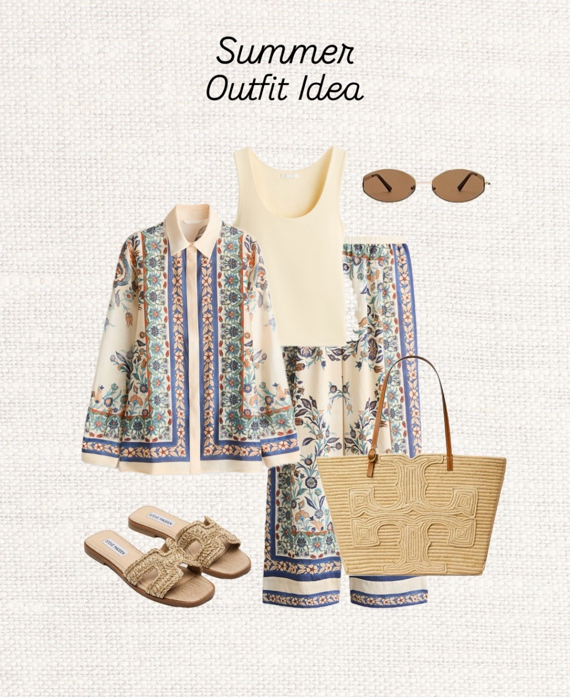 Summer neutrals with a touch of print 🤍 This breezy co-ord set is perfect for warm days when you still want to look put together.  ☀️👜👡

Like this post to save it to your favourite folder and come back later to shop.

summer outfit, printed co-ord set, matching set, boho outfit, resort wear, vacation outfit, wide leg pants, printed blouse, beige tank top, neutral outfit, straw bag, woven tote, raffia sandals, summer sandals, chic summer style, european summer outfit, classy casual outfit, warm weather outfit, holiday outfit, elegant casual look

#LTKSeasonal