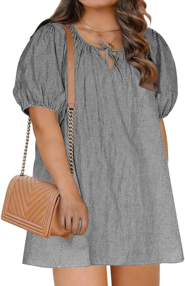 Beautife Women's Plus Size Dress Short Puff Sleeve Scoop Neck Gingham Plaid Short Cotton Babydoll... | Amazon (US)