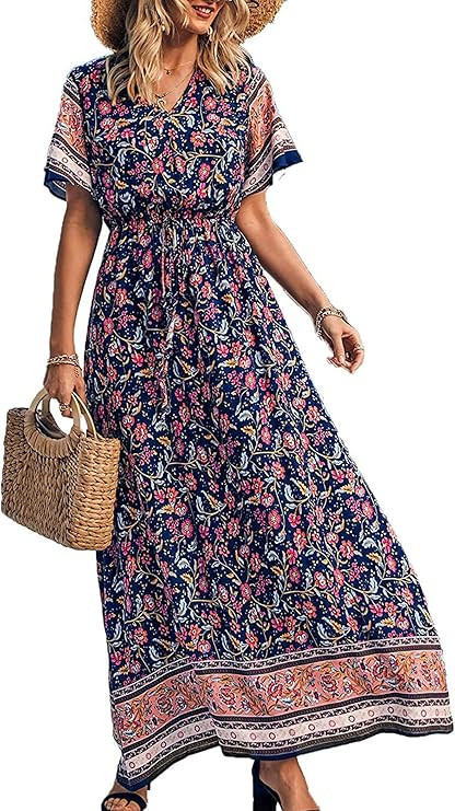 PRETTYGARDEN Women's Casual Summer Boho Floral Print Dress V Neck Short Sleeve High Waist Long Ma... | Amazon (US)