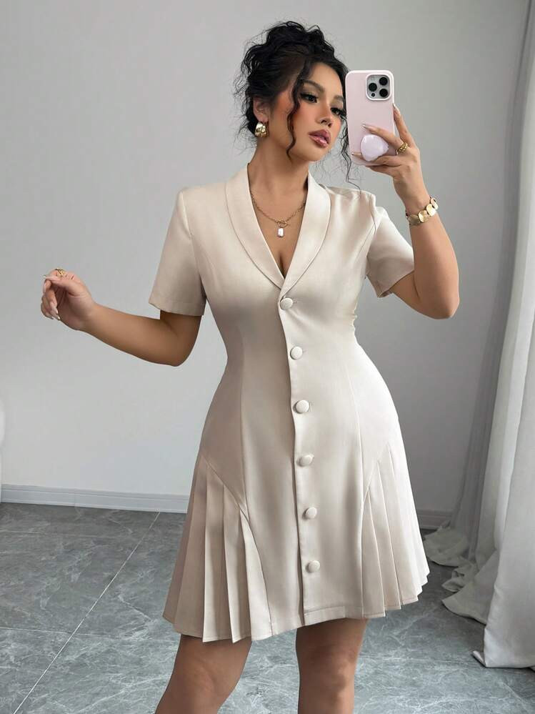 Elenzga Plus Size Women Elegant Professional Commute Casual Solid Color Revere Collar Button Fron... | SHEIN