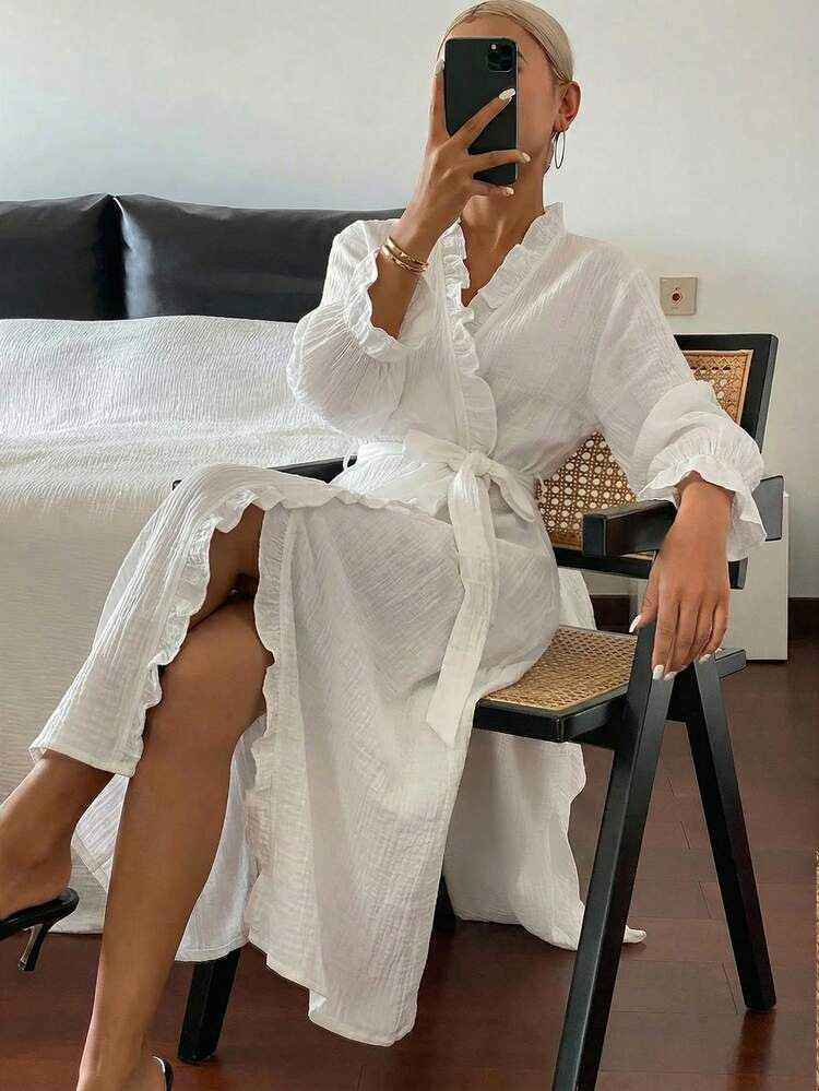 DAZY Romantic Ruffled Hem Long Wrap Around Women Sleepwear Robe, For Fall & Winter Pajama, Cozy O... | SHEIN