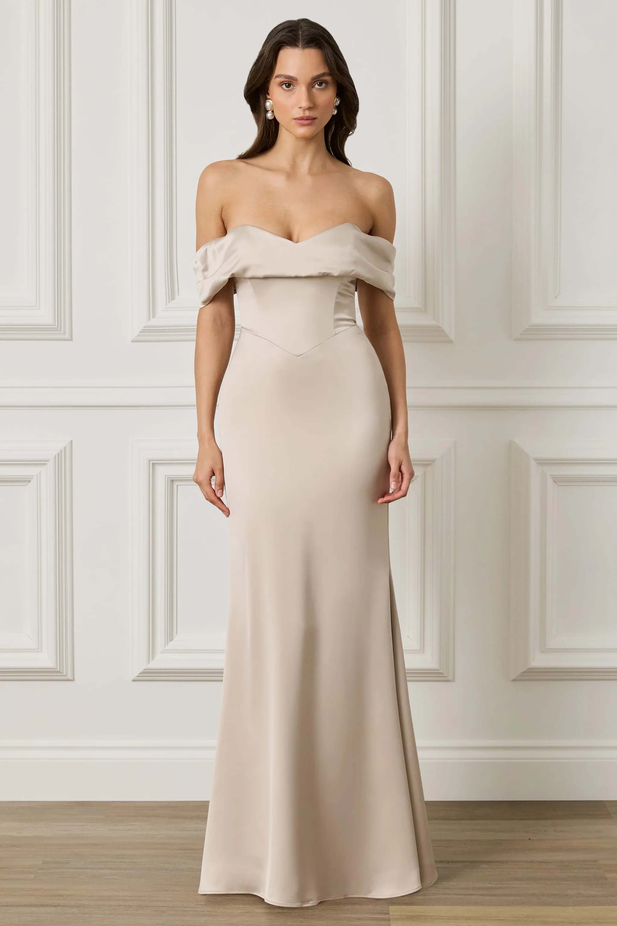 RAYNE Satin Drape Bardot Maxi Dress in Champagne | Lavish Alice Retail Ltd