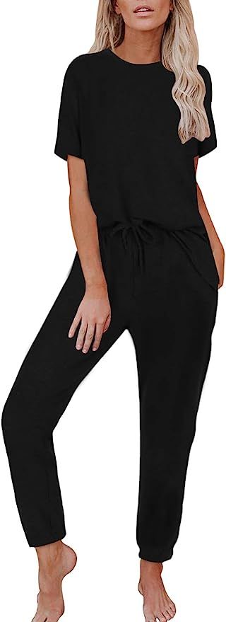 Women 2 Piece Tracksuit Outfit Crewneck Pullover Jogger Sweatpants Solid Sweatsuit with Pockets | Amazon (US)