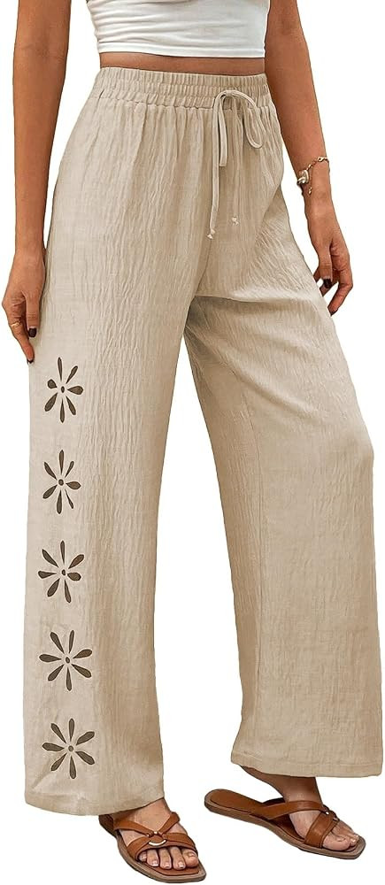 EVALESS Womens Beach Pants Summer Boho Drawstring Elastic Waist Hollow Out Textured Wide Leg Vaca... | Amazon (US)