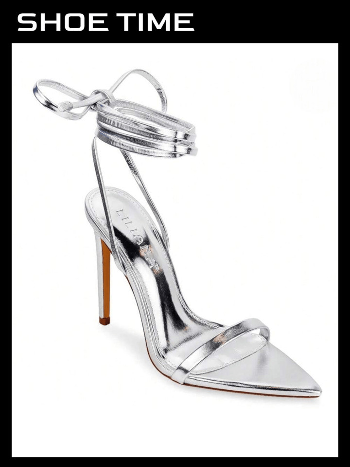Lace-Up Heels Sandals Strappy Pointed Toe Stiletto High Heel Sandals-Metallic Shoes | SHEIN