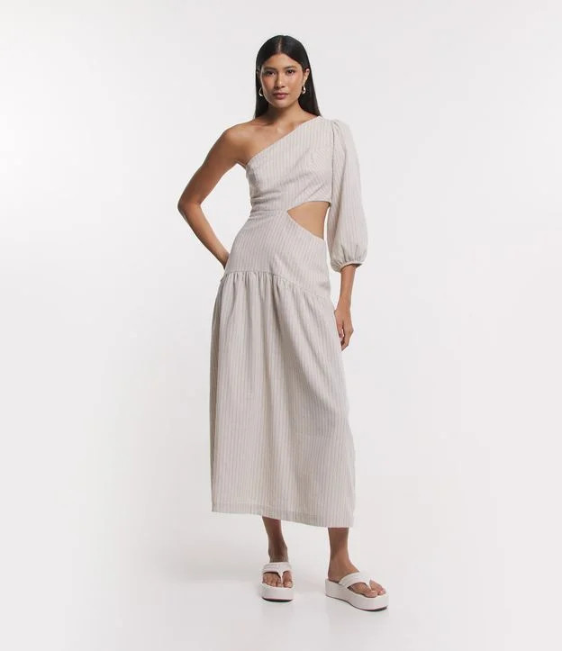 Vestido Longo Ombro Só em Linho Listrado e Fio Tinto Bege | Renner (BR)