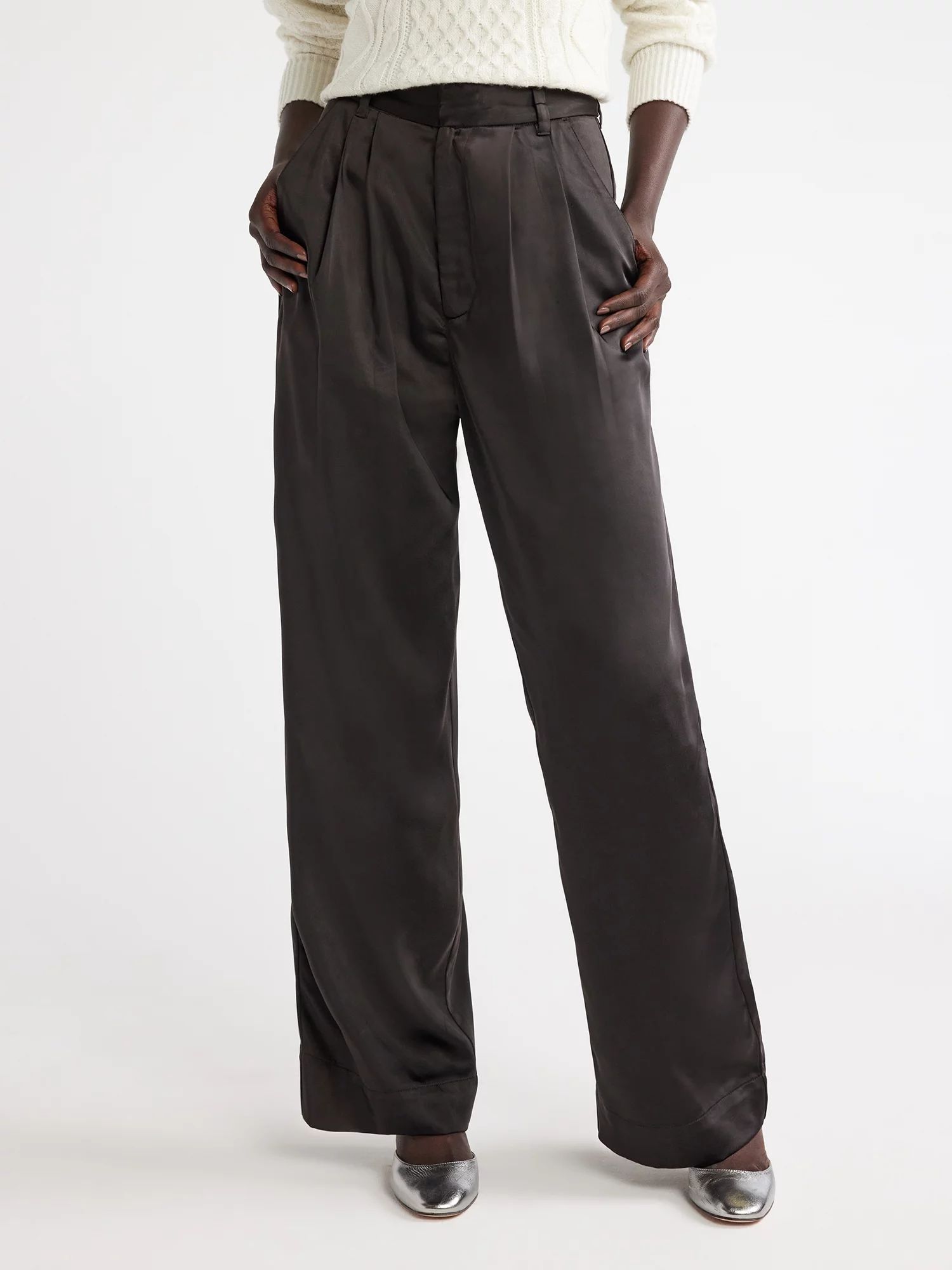 Free Assembly Women's High Rise Pleated Satin Trousers, 31” Inseam, Sizes 0-20 | Walmart (US)