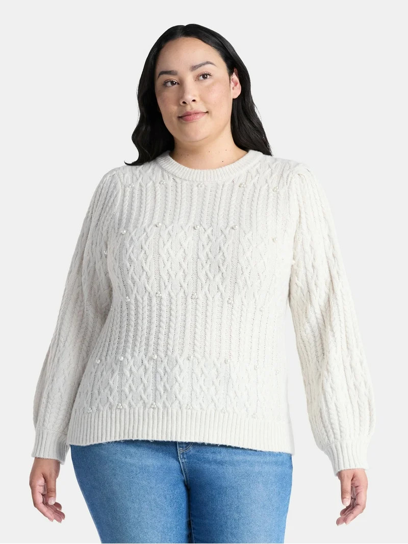 Terra & Sky Women’s Plus Cable Knit Sweater with Faux Pearls, Lightweight, Sizes 0X-5X - Walmar... | Walmart (US)