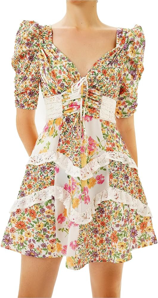 Jardinvue Women's V Neck Floral Dress Casual Dress Long Sleeve Dress Puff Sleeve Dress A Line Dre... | Amazon (US)