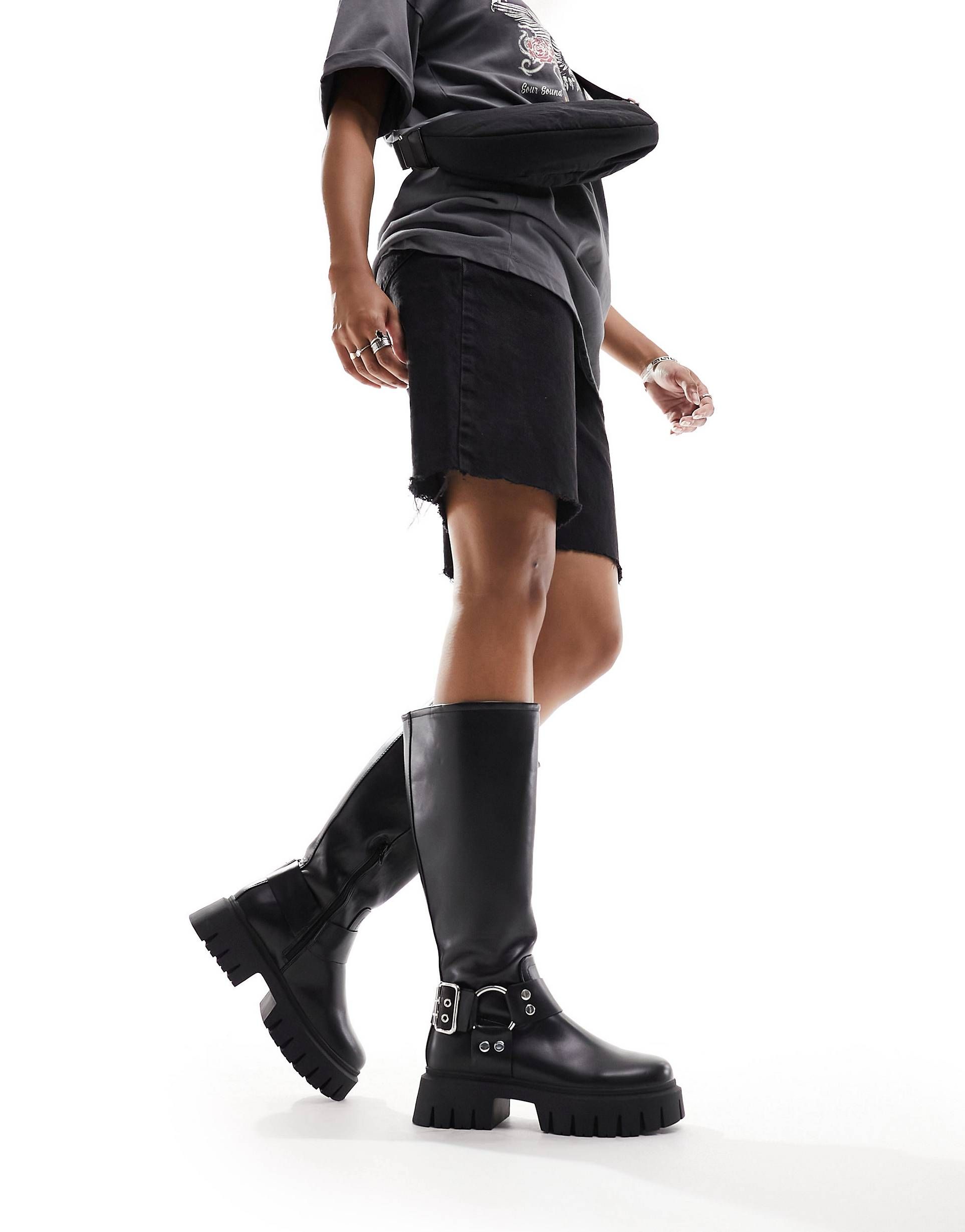 ASOS DESIGN Cady knee high harness biker boots in black | ASOS (Global)