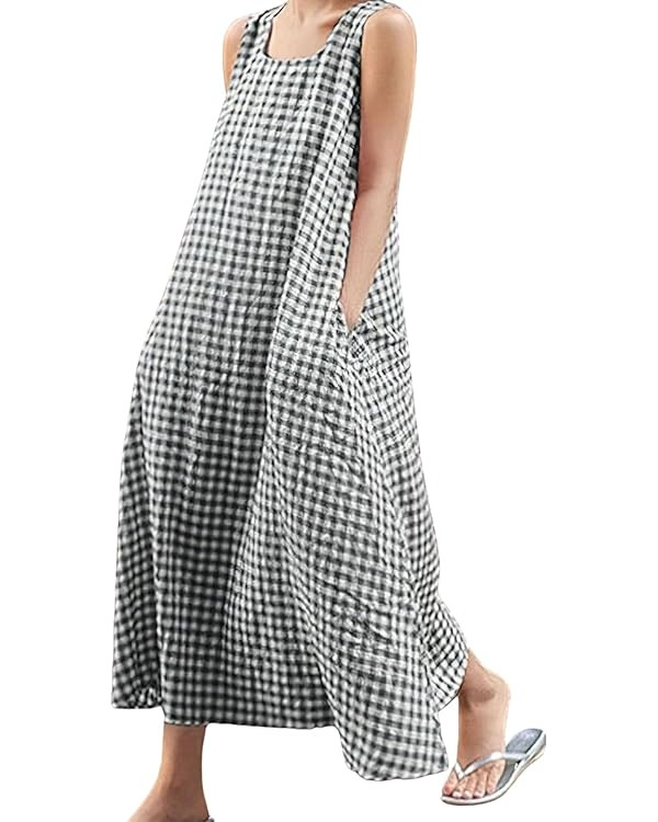 chouyatou Women's Summer Casual Loose-Fit Cotton Plaid Tank Maxi Dress with Pockets Boho Beach Su... | Amazon (US)