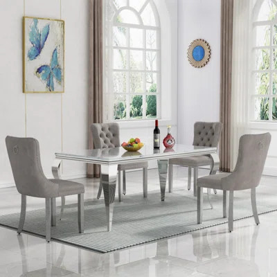 70" Luxury Faux Marble Dining Table Set, Modern Kitchen Table with Stainless Steel Pedestal, Modern Dining Room Table with Velvet Dining Chairs, Dinin | Wayfair North America