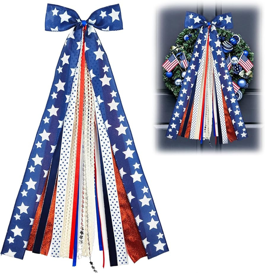 4th of July Patriotic Ribbon Bow,Red White and Blue Plaid Fabric Ribbon Bows,Clip-On Stars Stripes Wreaths for Memorial Veterans Independence Day Front Door Indoor Outdoor Decor-Blue Star | Amazon (US)