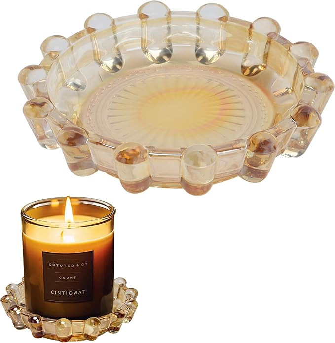 Handblown Amber Glass Candle Plate & Dish - Artisanal Modern Home Decor Accent, Multifunctional C... | Amazon (US)