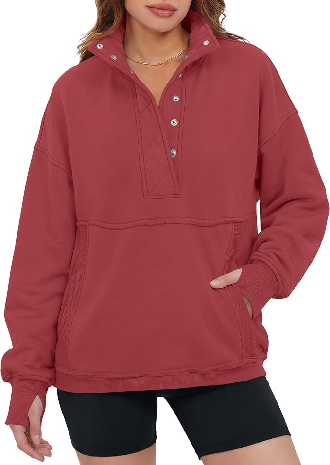 Locachy Women's Casual Oversized Button Henley Neck Sweatshirt Long Sleeve Pullover Tops 2026 Spr... | Amazon (US)
