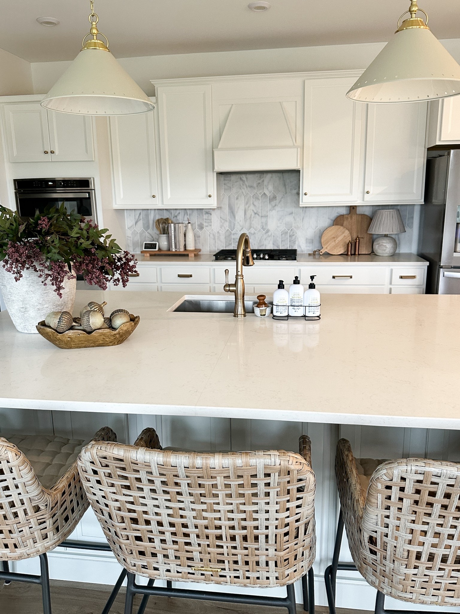 Fall home decor, kitchen decor, kitchen counter styling, Bailey woven counter stools, cutting boards, fall stems 

#LTKFallSale #LTKHome