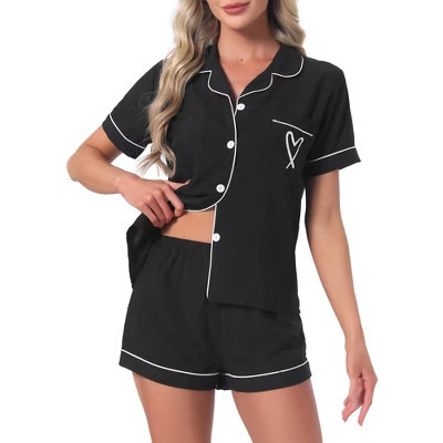 INSPIRE CHIC Women's 2 Pcs Heart Print Cute Short Sleeve Button Downs Shirt with Shorts Lounge Pajama Sets X-Large Black | Target