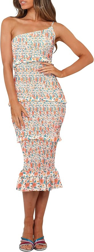 PRETTYGARDEN Women's Summer Midi Bodycon Dresses One Shoulder Strappy Tiered Ruffle Floral Boho S... | Amazon (US)