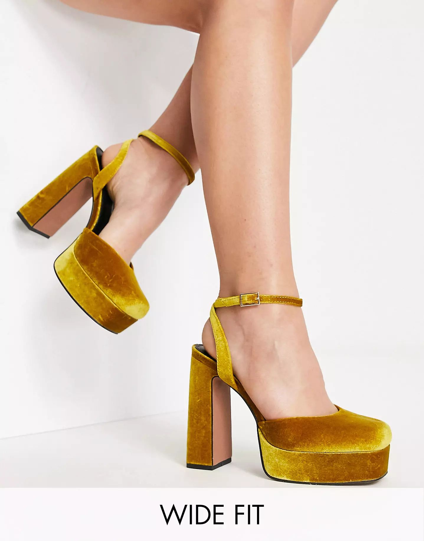 ASOS DESIGN Wide Fit Peaked platform high heeled shoes in mustard velvet | ASOS (Global)