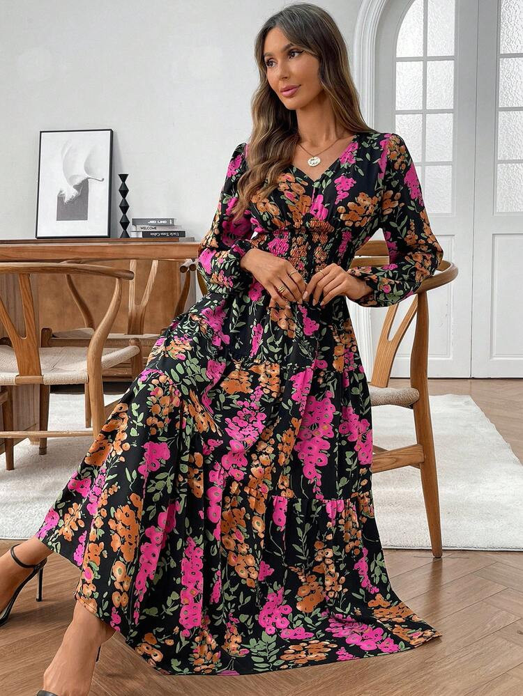 EMERY ROSE Women's Vacation Plant Print Shirred Lantern Sleeve Waist Drawstring Side Slit Hem Ele... | SHEIN