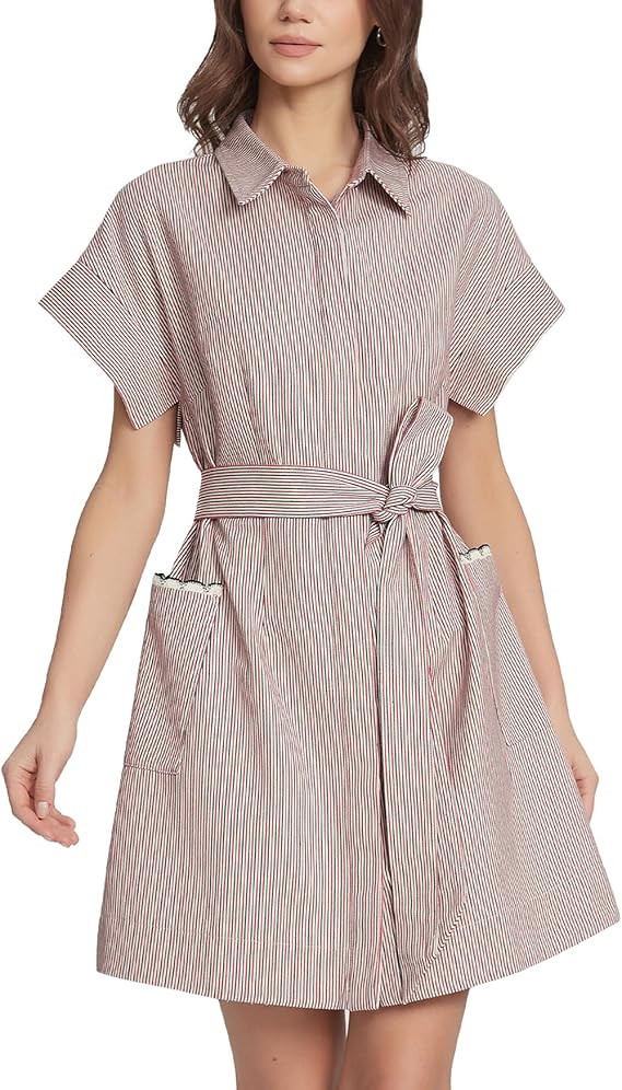 Women's Short Sleeve Striped Mini Shirt Dress Casual Summer Button Down Belted Tunic Dresses with... | Amazon (US)