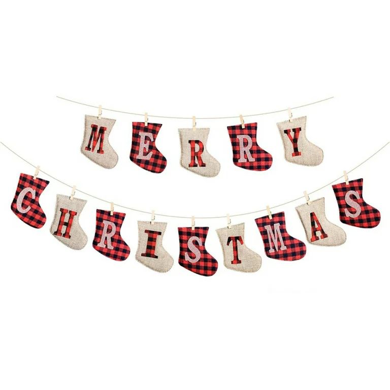 Merry Christmas Burlap Banner, Burlap and Buffalo Plaid Tree Shaped Christmas Decorations Indoor,... | Walmart (US)
