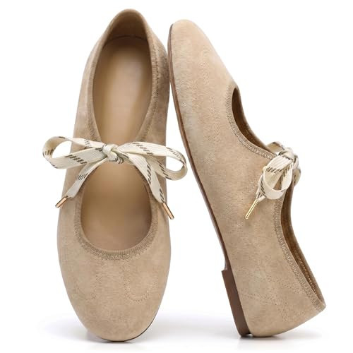Yellhum Lace up Ballet Flats for Women Round Toe Mary Jane Ballerina Flats | Amazon (US)