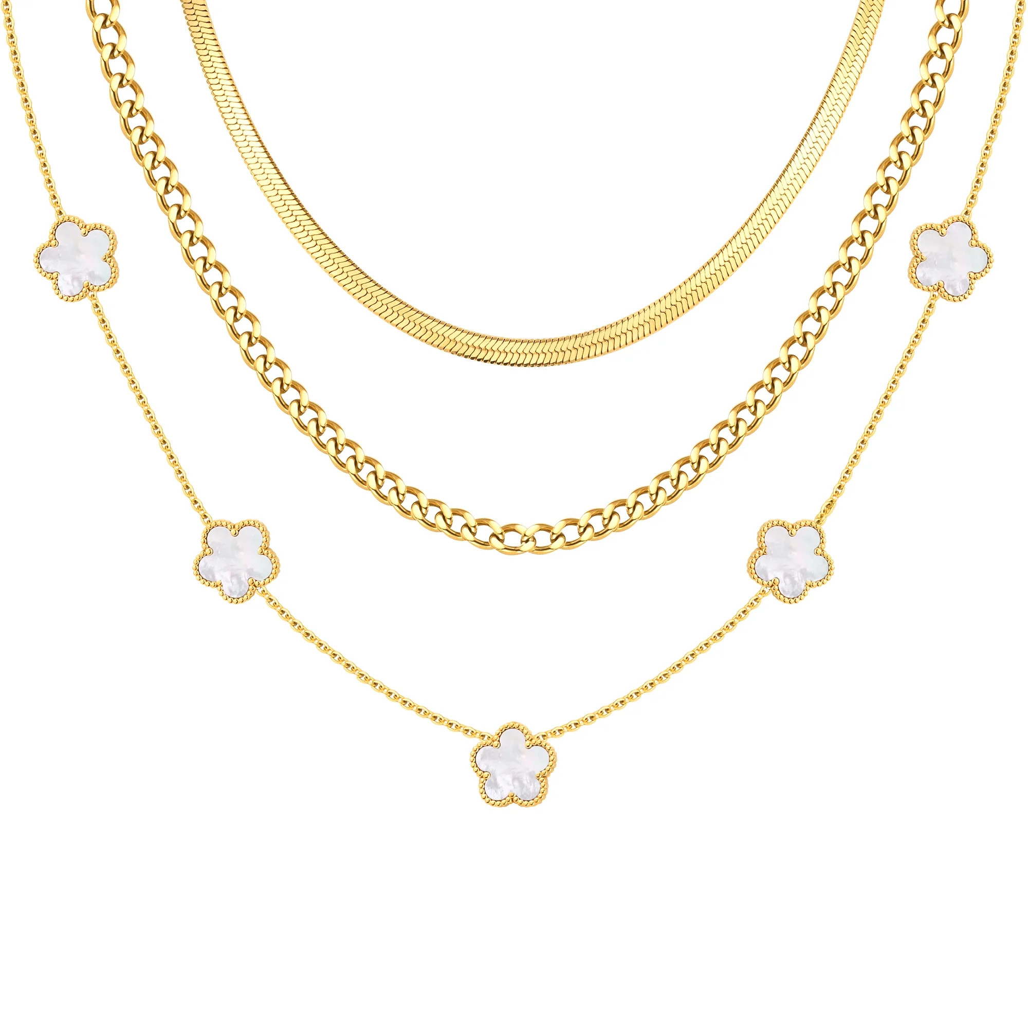 VNOX Gold Layered Necklace for Women - 3Pcs 18K Gold Plated Floral Necklaces, Stainless Steel Stackable Cuban Link Chain Non Tarnish Trendy Jewelry, Herringbone Chains Christmas Birthday Gift | Walmart (US)