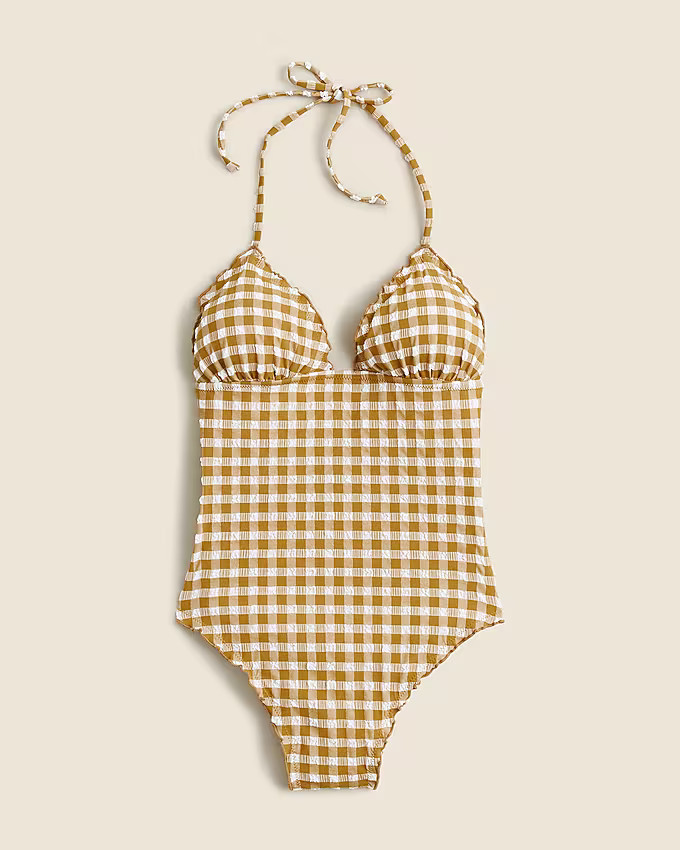 Ruched plunge one-piece swimsuit in gingham | J. Crew US