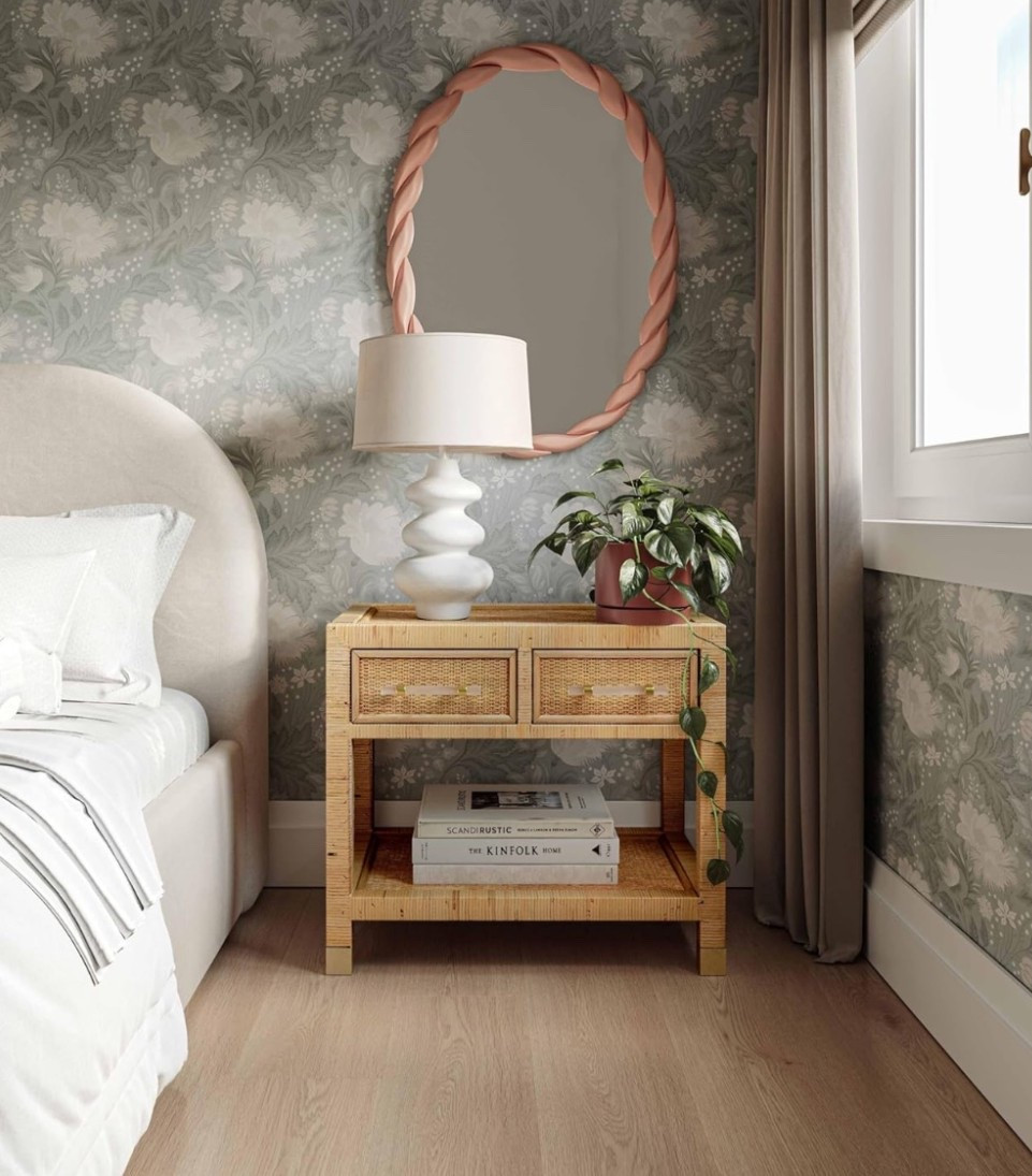 New on Amazon!✨ Tge perfect bedroom refresh. A natural woven bedside table, creamy velvet bed frame, crisp white bedding, soft wallpaper, and a sculptural lamp + mirror create the calmest, elevated retreat. Cozy, layered, and effortlessly beautiful. 

Shop the look and refresh your bedroom.🤍

#LTKOver40 #LTKSeasonal #LTKHome