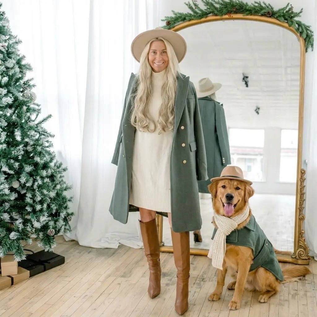 A bright, airy winter studio filled with soft natural light and holiday charm. A flocked Christmas tree stands to the left, its snowy branches adding a cozy festive touch. At center, a woman with long blonde hair wears a cream knit sweater dress layered under a muted sage-green coat, paired with tall caramel-brown boots and a chic wide-brimmed hat. Beside her sits an adorable golden retriever dressed to match—wearing a coordinating green jacket, a cream knit scarf, and a tiny beige hat tilted playfully. Behind them, a grand gold floor mirror trimmed with evergreen garland reflects the warm, stylish moment. The aesthetic is clean, modern, winter-neutral perfection—elevated, calm, and effortlessly Pinterest-worthy.

⸻

Hashtags

#winterstyle #holidayphotoshoot #matchingoutfits #dogmomlife #goldenretrieverlove #neutralaesthetic #winterfashion #christmasvibes #cozyseason #pinterestinspired #styledshoot #winterwardrobe #sweaterdressseason #holidayaesthetic #studiochristmas #fashionandpets #winteroutfits #minimalholiday #evergreenvibes #trendyheidi #goldenretrieversofinstagram #wintercozy #festiveszn #ootdwinter #holidaycontent

#LTKHoliday #LTKdayinmylife #LTKGiftGuide