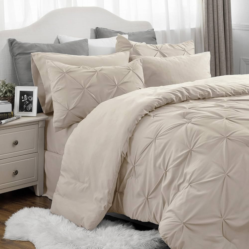 Bedsure Beige Comforter Set Queen - Bed in a Bag Queen 7 Pieces, Pintuck Bedding Sets Beige Bed S... | Amazon (US)