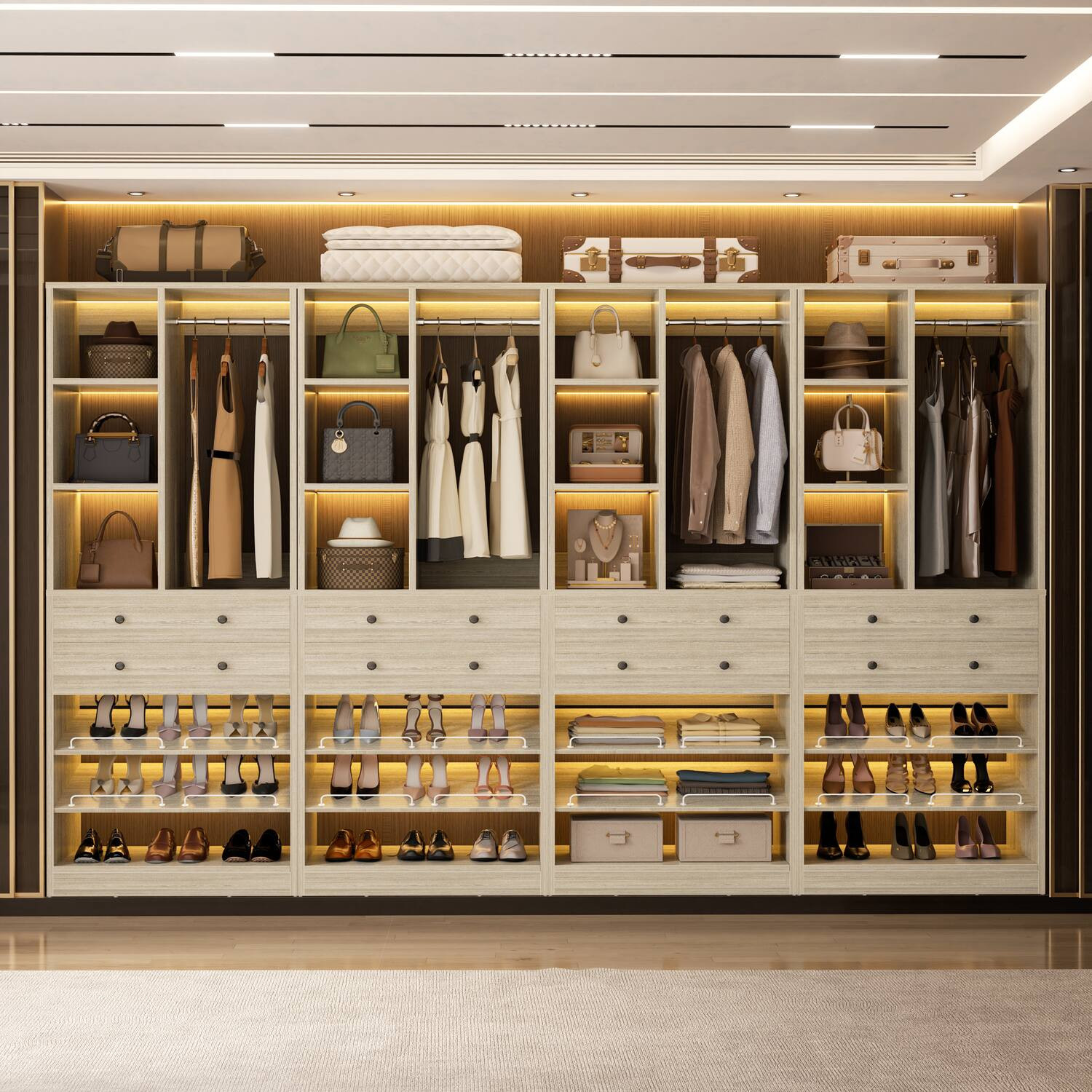 Aheaplus - 111"" Closet System: 8-Drawer & Shelf Organizer, Fits 10ft Walk-ins. Free Standing, 2400LB Capacity, 4-Pack - White Oak | Best Buy U.S.