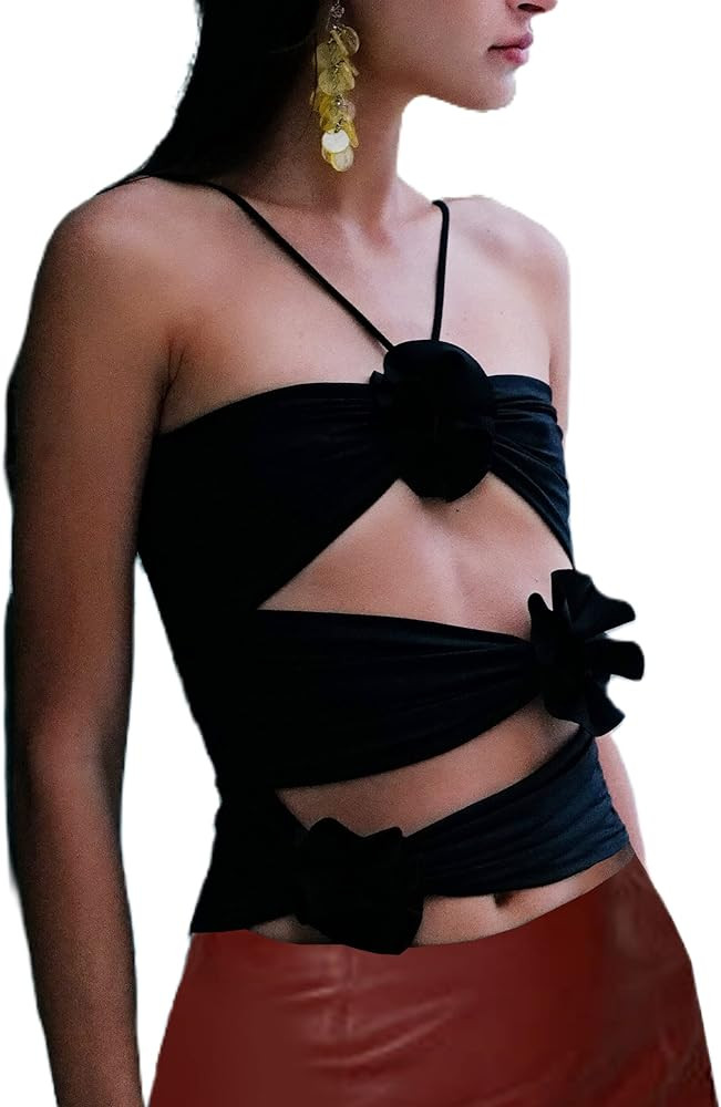 KMBANGI Floral Sexy Tank Top Women Y2k Ruffles Frill Halter Crop Tops Sleeveless Off Shoulder Bac... | Amazon (US)