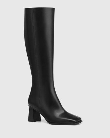 Kalona Black Leather Block Heel Long Boot | Wittner